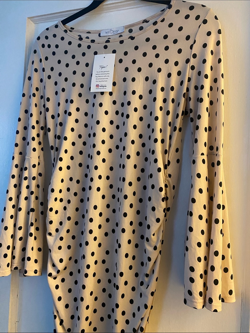 MYDLON Beige Long-Sleeve Polka Dot Ruched Midi Dress